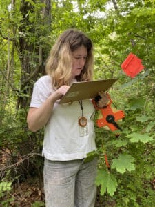 Staff member reads a clipboard in the forest and holds a measuring tape.