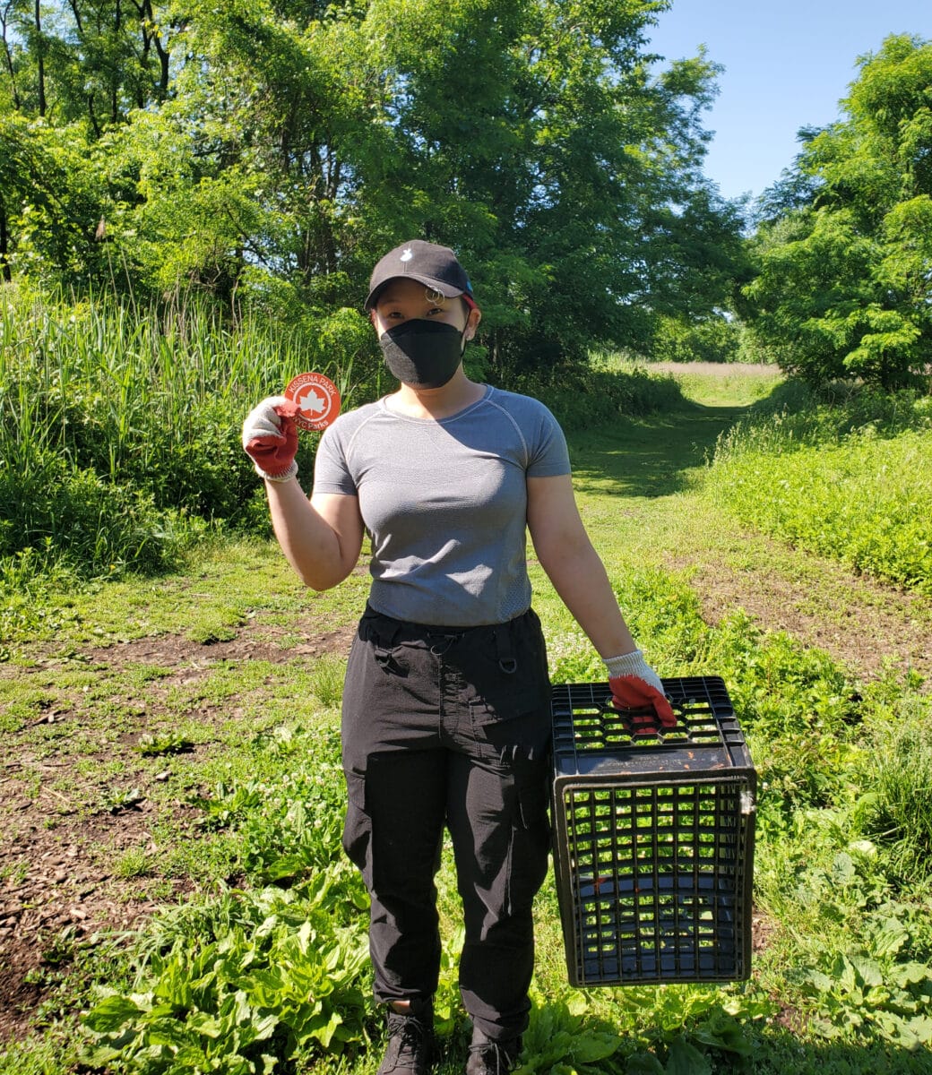 A person stands in a green area holding a milk crate and a NYC Parks trail marker