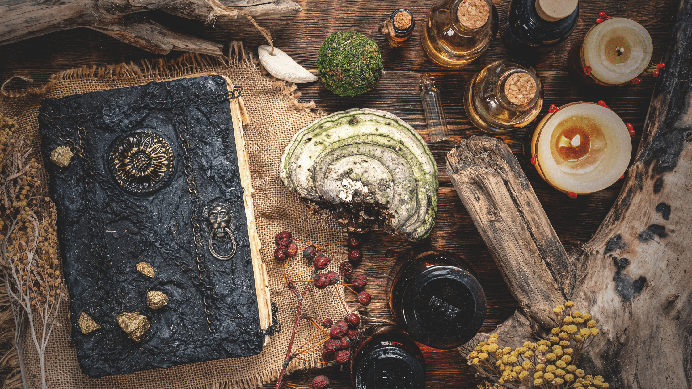 a table with a book and various herbs