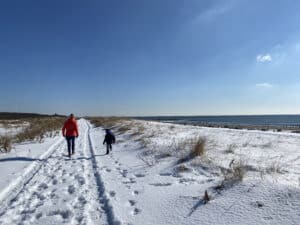 Parent and child walking in snow near coastline